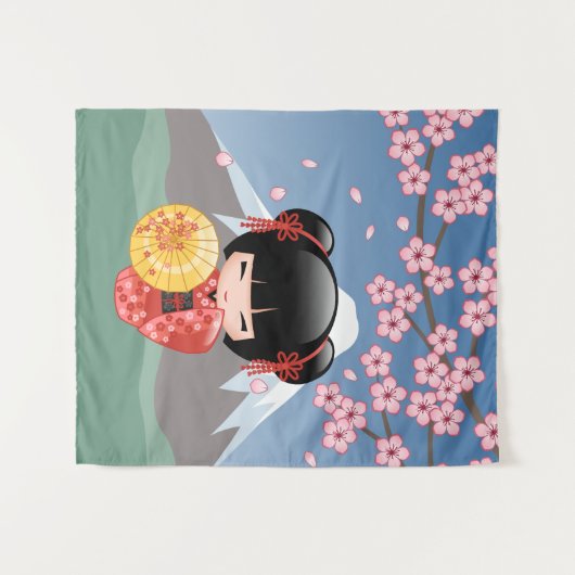 Tenture Murale Poupée Rouge Sakura Kokeshi - Cute Japonaise Geish (Devant (Horizontal))