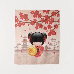 Tenture Murale Poupée Rouge Sakura Kokeshi - Cute Japonaise Geish
