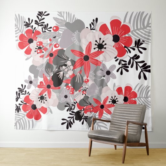 Tenture Murale Rouge vif gris ultime boho floral (En situation (horizontale))
