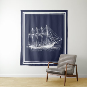 Tenture Murale Schooner et bleu marine vintages blancs nautiques