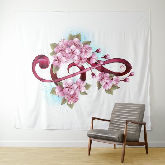 Tenture Musical treble clef notes with sakura flowers (En situation (horizontale))
