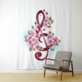Tenture Musical treble clef notes with sakura flowers (En situation)