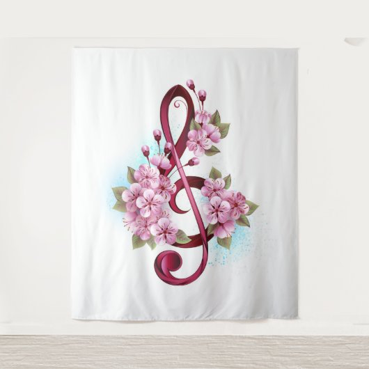 Tenture Musical treble clef notes with sakura flowers (Devant)