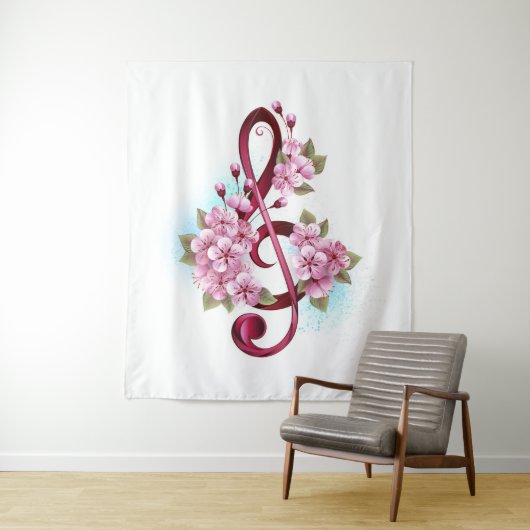 Tenture Musical treble clef notes with sakura flowers (En situation)