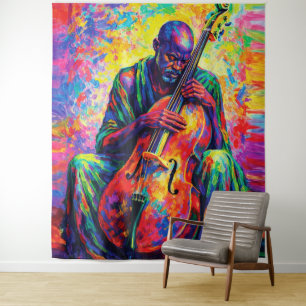 Tenture Musicien Violoncelliste Abstrait Vibrant Couleurs