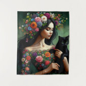 Tenture Mystic Floral Goddess with Black Cat – Fantasy Art (Devant)