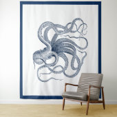 Tenture Nautique bleu marine vintage pieuvre (En situation)