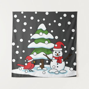 Tenture Neige tombant sur Cardinal, Snowman et Pine Tree