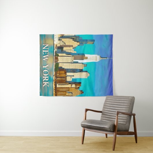 Tenture New York Skyline en bleu Cobalt et Tan (En situation (horizontale))