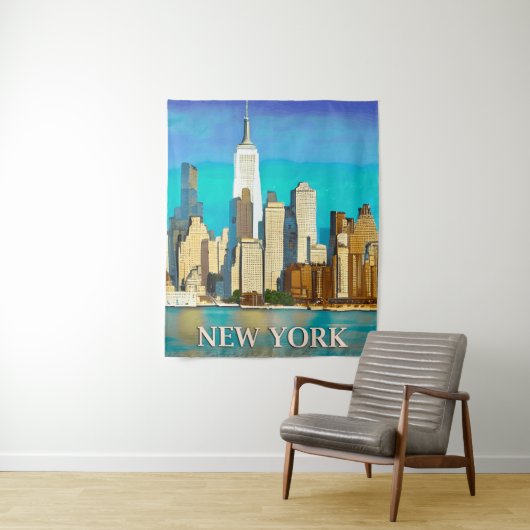 Tenture New York Skyline en bleu Cobalt et Tan (En situation)