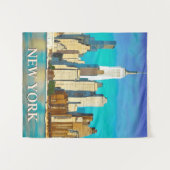 Tenture New York Skyline en bleu Cobalt et Tan (Devant (Horizontal))