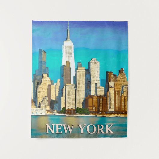 Tenture New York Skyline en bleu Cobalt et Tan (Devant)