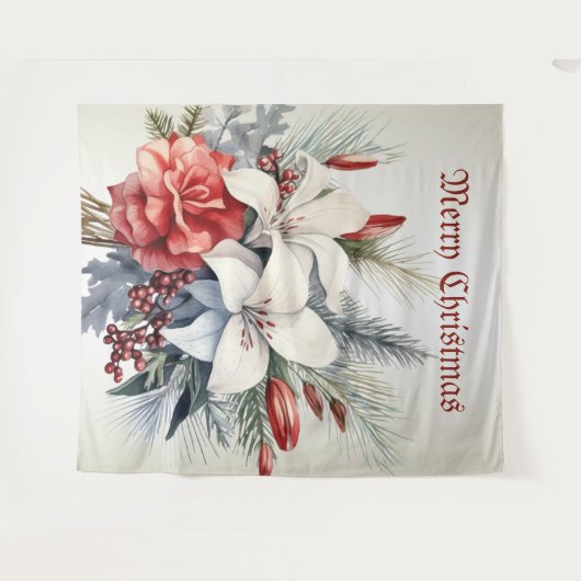 Tenture Noël Blanc Fleurs Rouges Vacances Élégant (Devant (Horizontal))