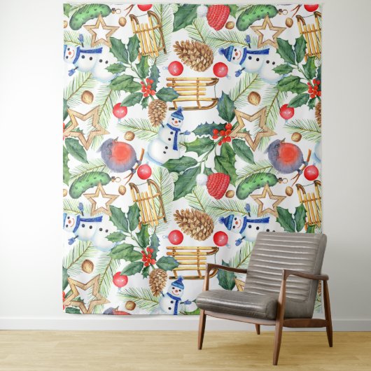 Tenture Noël Noël Noël Noël Snowman, Pine Cones, Holly (En situation)