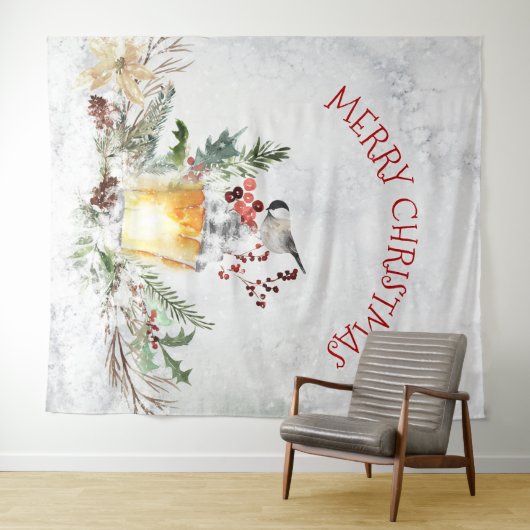 Tenture Noël Oiseau dans les bois enneigés Joyeux Noël (En situation (horizontale))