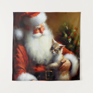 Tenture Noël Père Noël et un chat 3