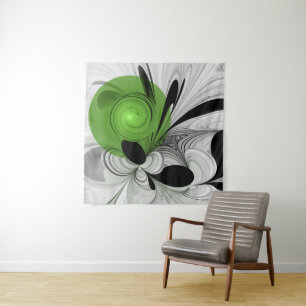 Tenture Noir Abstrait et blanc avec art fractal vert