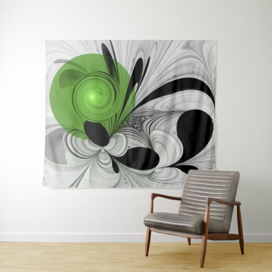 Tenture Noir Abstrait et blanc avec art fractal vert (En situation (horizontale))