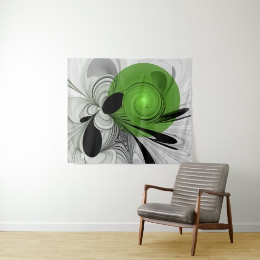 Tenture Noir Abstrait et blanc avec art fractal vert (En situation (horizontale))
