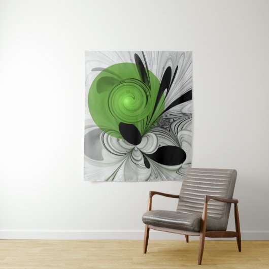 Tenture Noir Abstrait et blanc avec art fractal vert (En situation)