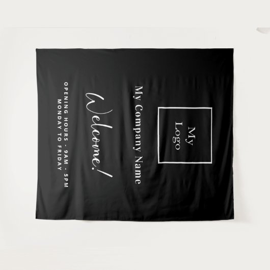 Tenture Noir blanc logo entreprise nom heures d'ouverture (Devant (Horizontal))