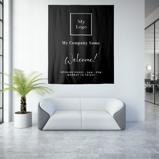 Tenture Noir blanc logo entreprise nom heures d'ouverture