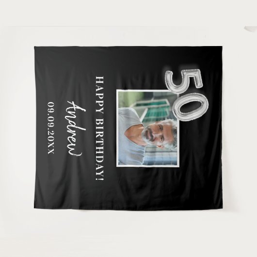 Tenture nom de gars photo noir fête d'anniversaire 50 ans (Devant (Horizontal))