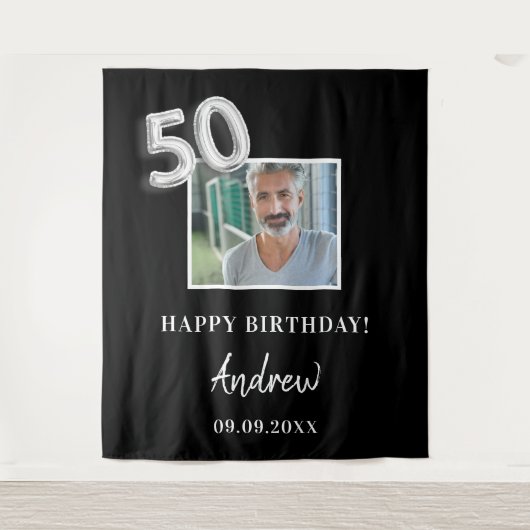 Tenture nom de gars photo noir fête d'anniversaire 50 ans (Devant)