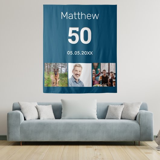 Tenture Nom de photo bleue pour fête d'anniversaire homme
