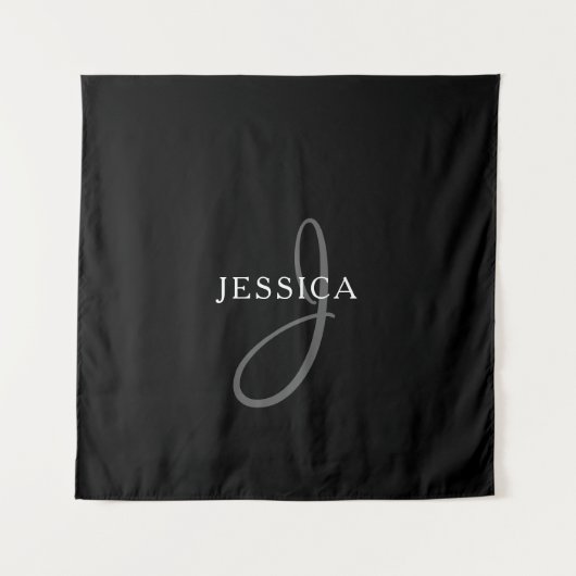 Tenture Nom élégant Monogramme | Blanc noir et gris (Devant)