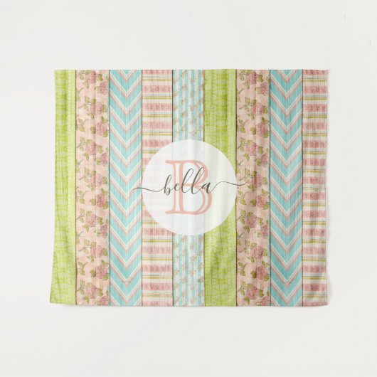 Tenture Nom en monogramme Shabby Roses sur bois rustique C (Devant (Horizontal))