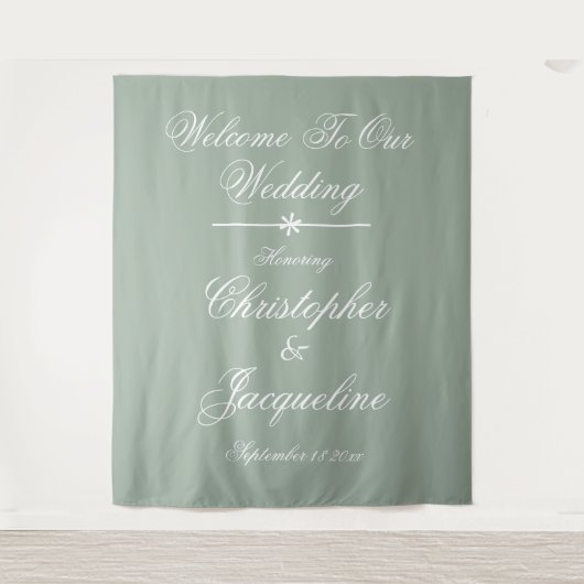 Tenture Noms de script de Mariage rustique Sage Vert fond (Devant)