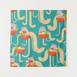 Tenture Noodles Funny Chats Arrière - plan Turquoise