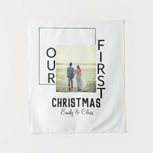 Tenture Notre premier Noël nom de couple photo minimal 