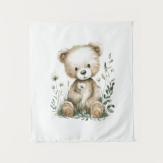 Tenture Nounours mignon à l'aquarelle avec fleurs sauvages