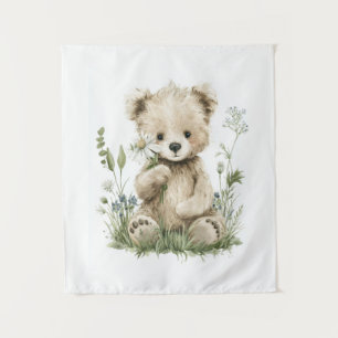 Tenture Nounours mignon à l'aquarelle avec fleurs sauvages