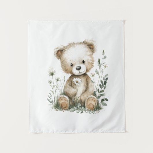 Tenture Nounours mignon aquarelle avec fleurs sauvages (Devant)