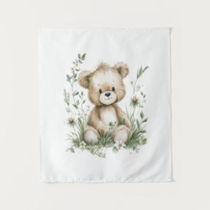 Tenture Nounours mignon aquarelle avec fleurs sauvages