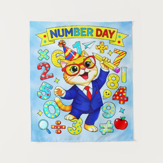 Tenture Number Day Smart Cat Math Design for Kids (Devant)