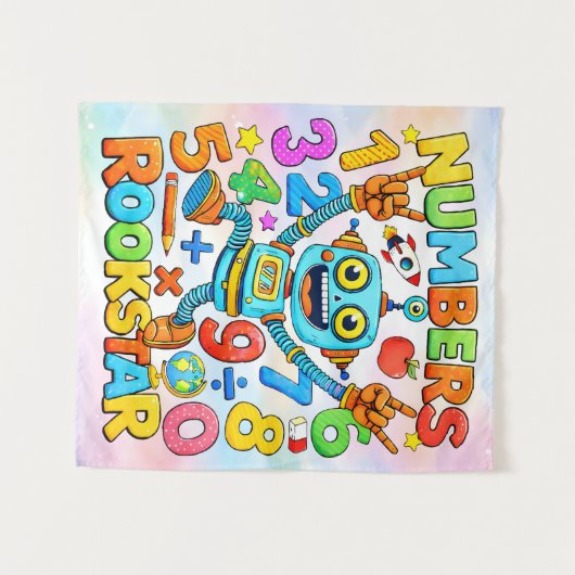 Tenture Numbers Rockstar Cute Robot Math Design (Devant (Horizontal))
