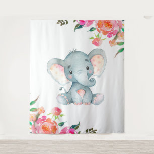 Tenture Nurserie à l'éléphant floral rose
