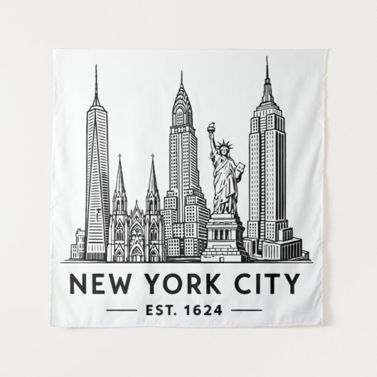 Tenture NYC Skyline Illustration with Statue of Liberty (Devant)