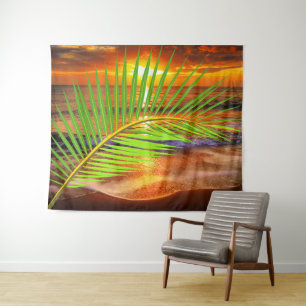 Tenture Ocean Beach & Sunset avec feuille de palme - Mer m