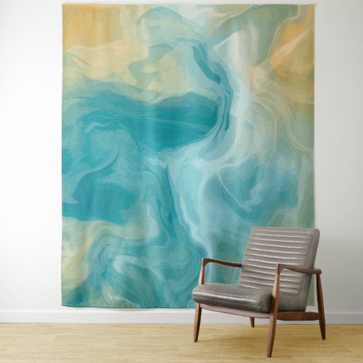 Tenture Ocean Blue Waves et Sandy Brown Fluid Art (En situation)
