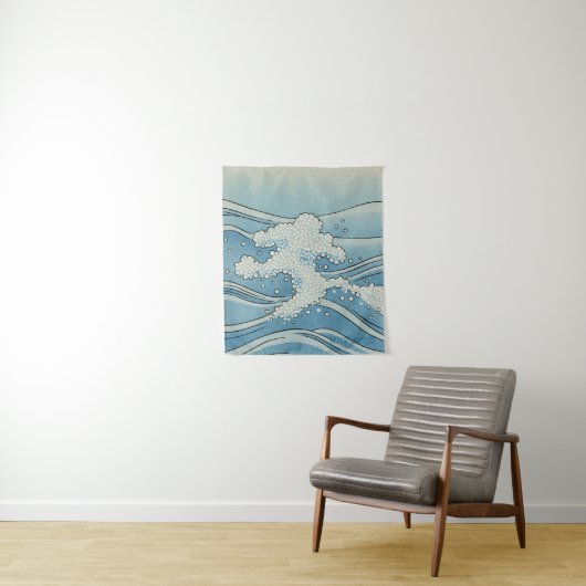 Tenture Ocean Wave Art Print – Japanese Woodblock Style (En situation)