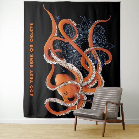 Tenture Octopus Orange Mandala bleu (En situation)