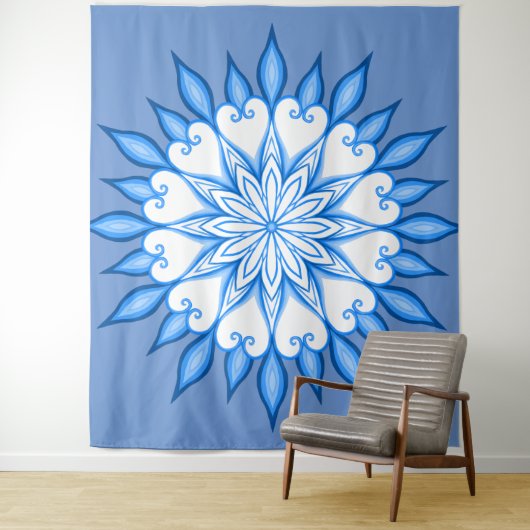 Tenture Oeuvre D'Art Mur Esthétique Mandala Blanc Et Bleu (En situation)