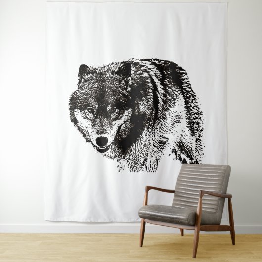 Tenture Oeuvre d'art noir et blanc Wild Wolf (En situation)