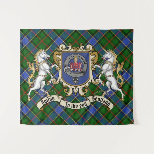 Tenture Ogilvy Clan Badge & Unicorns avec Tartan (Devant (Horizontal))