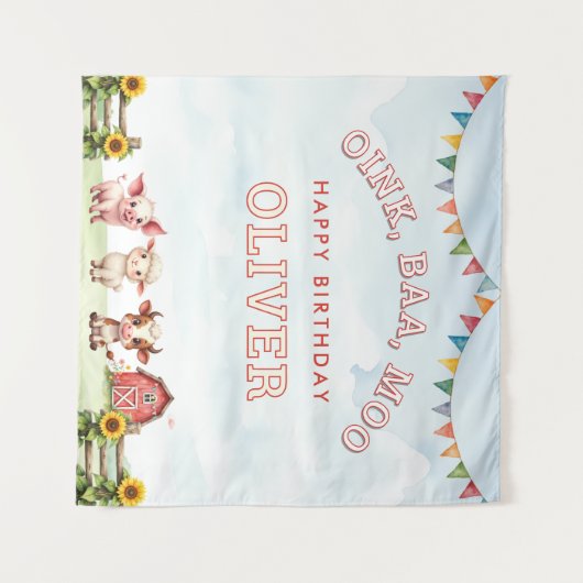 Tenture Oink Baa Moo Cute Animaux de ferme heureux anniver (Devant (Horizontal))